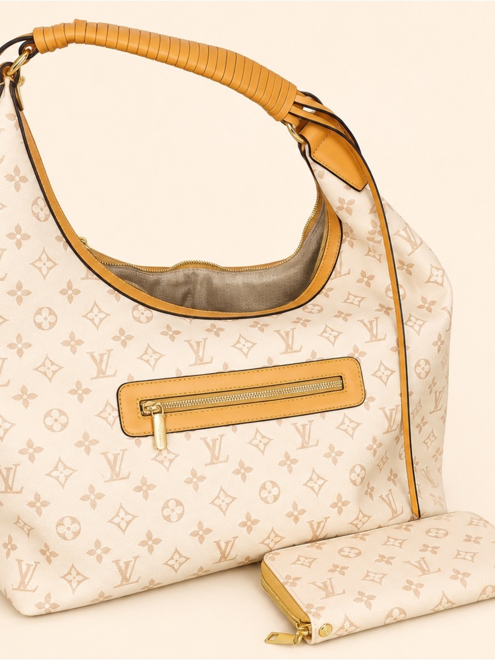 Luxury Beige Monogram Hobo Bag with Matching Wallet